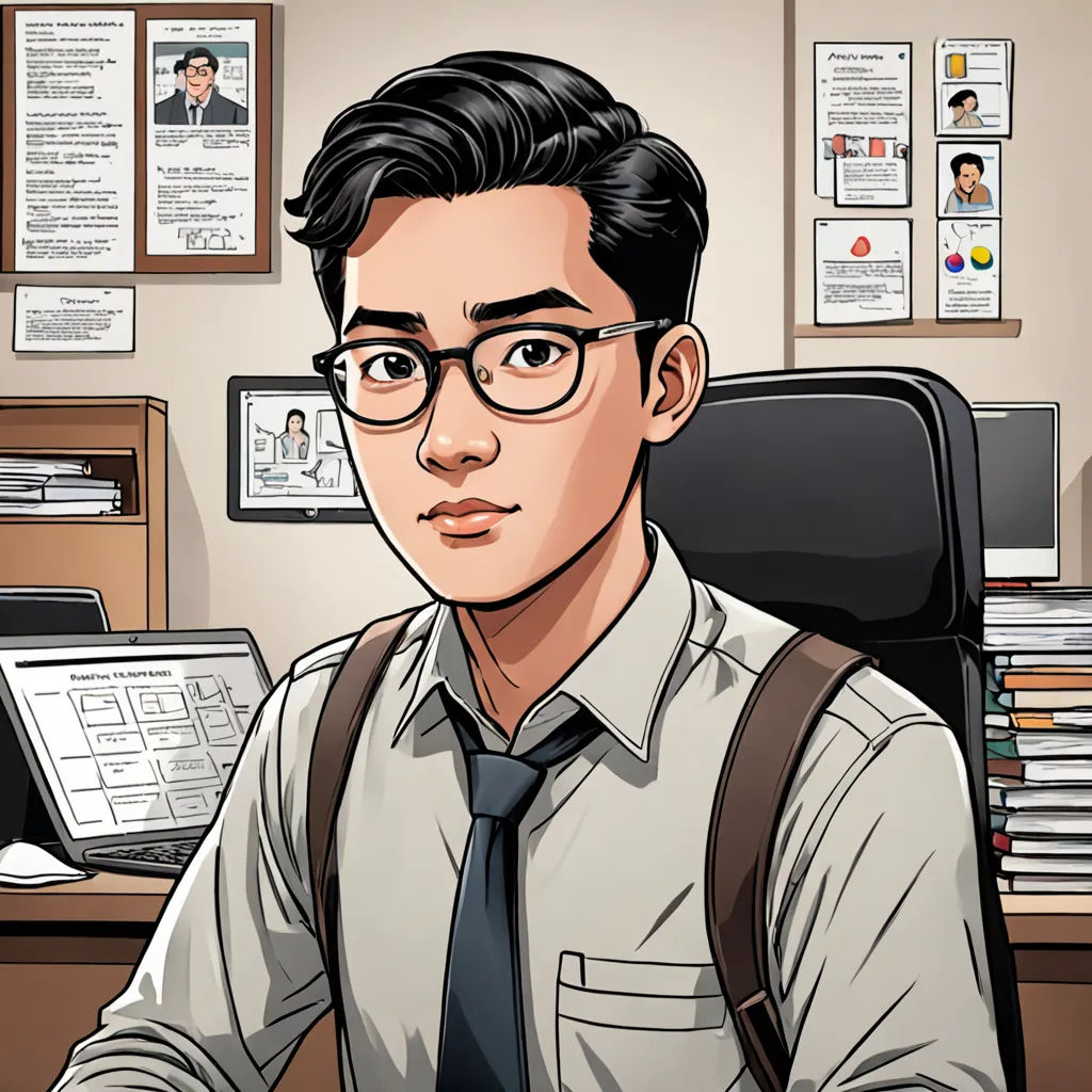 a man in glasses and a tie sitting at a desk with a computer monitor and a laptop on it, sots art, a character portrait, David Park, graphic novel