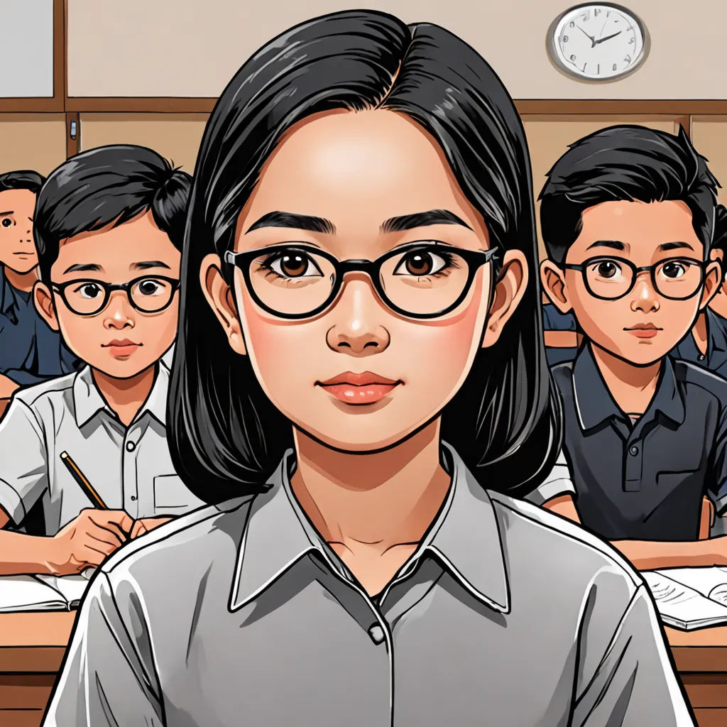 a cartoon of a woman in front of a classroom full of students with a clock on the wall behind her, paris school, a comic book panel, Basuki Abdullah, graphic novel