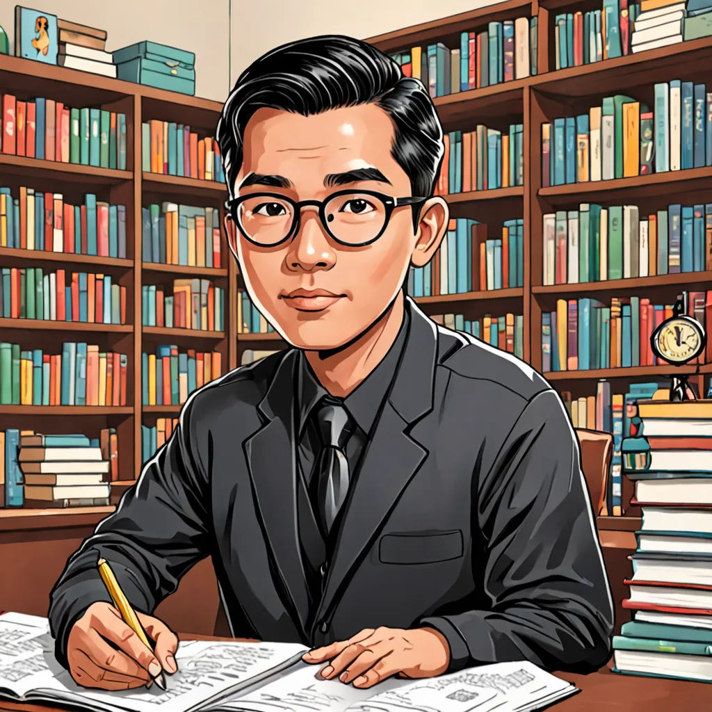 a man in a suit and tie sitting at a desk with a book and pen in front of him, academic art, a character portrait, Bian Jingzhao, phuoc quan