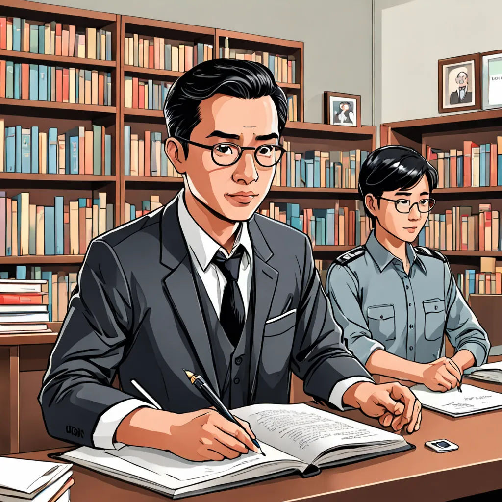 a man sitting at a desk in front of a book shelf with a book and a pen in his hand, academic art, a comic book panel, Akira Toriyama, kim jung gi