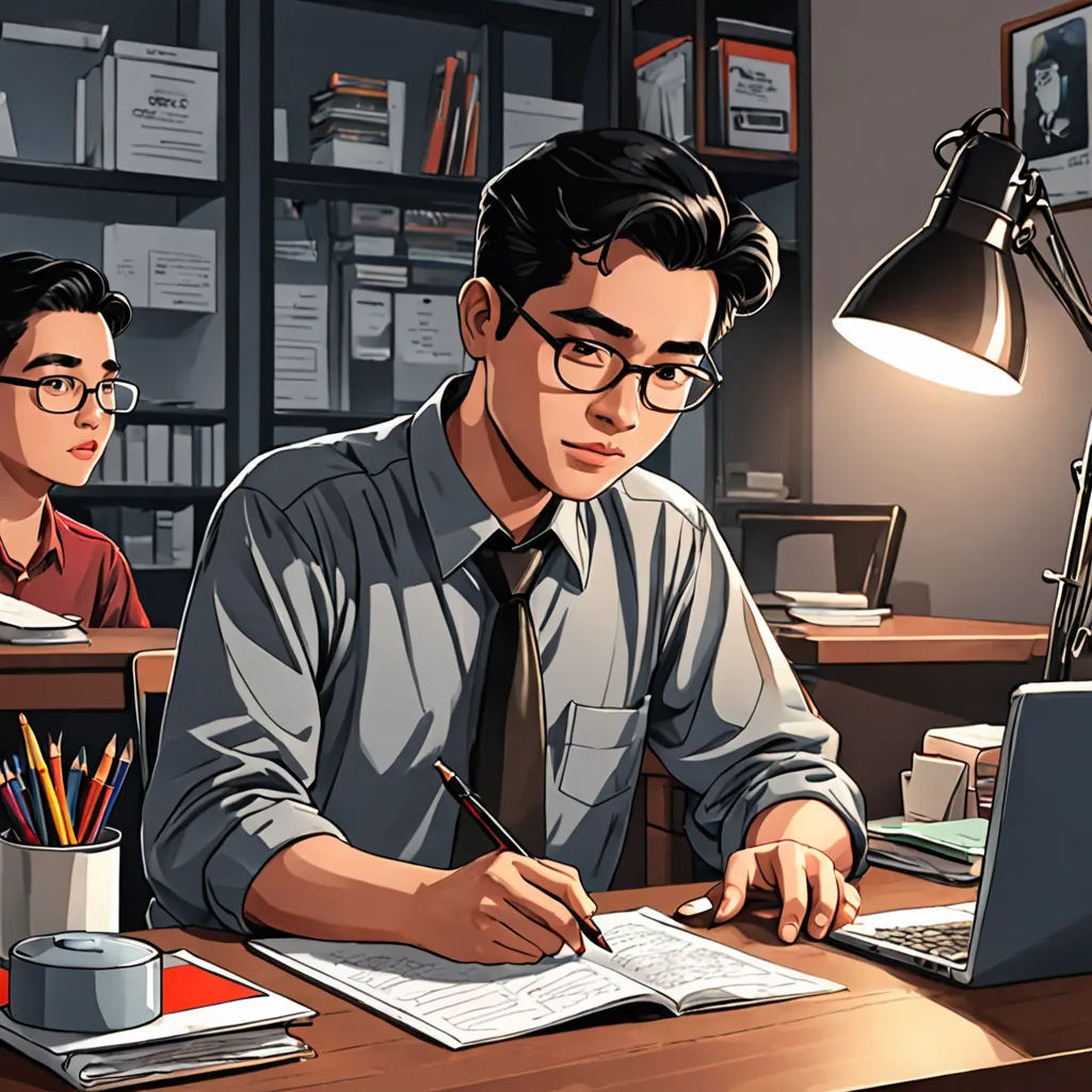 a man sitting at a desk with a laptop computer and a notebook in front of him, while another man sits at a desk with a pen and paper, academic art, computer graphics, Artgerm, kim jung gi