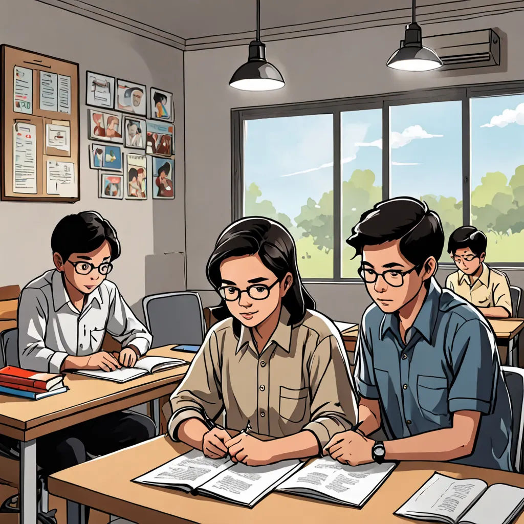 a group of people sitting at a table in a classroom with books and papers on it, with a window in the background, paris school, a comic book panel, Art & Language, graphic novel