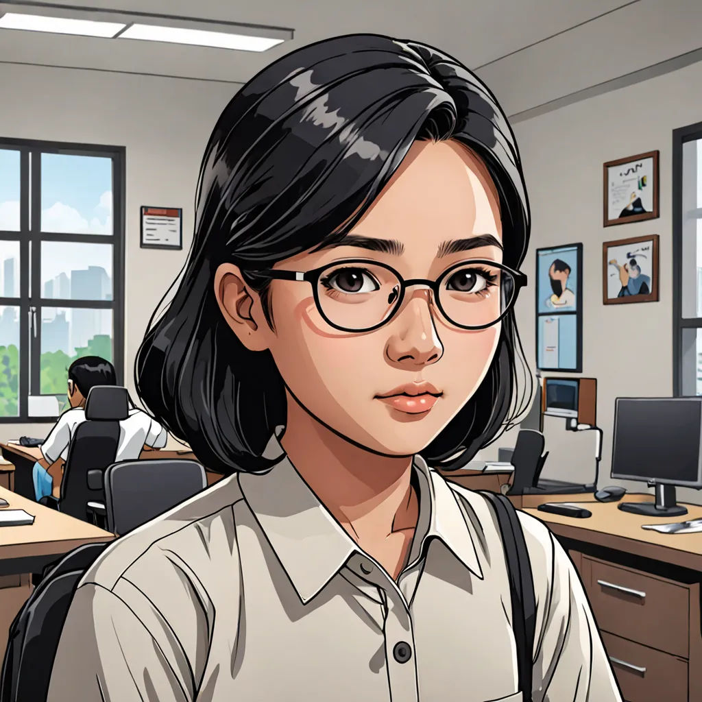 a woman with glasses standing in an office with a computer desk and a window in the background with people working on computers, serial art, a character portrait, Choi Buk, character portrait