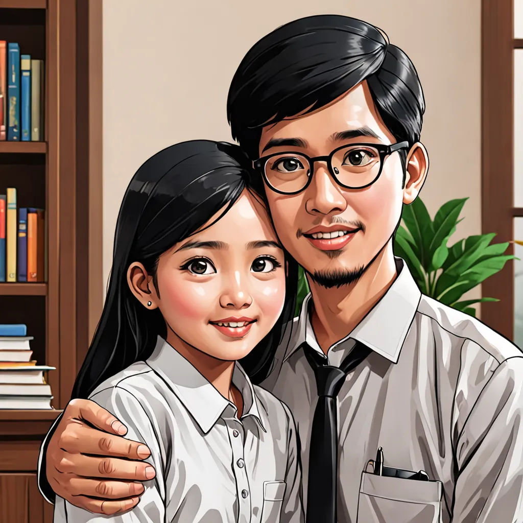 a man and a woman are standing together in front of a bookcase and a plant in the background, net art, a comic book panel, David Park, graphic novel