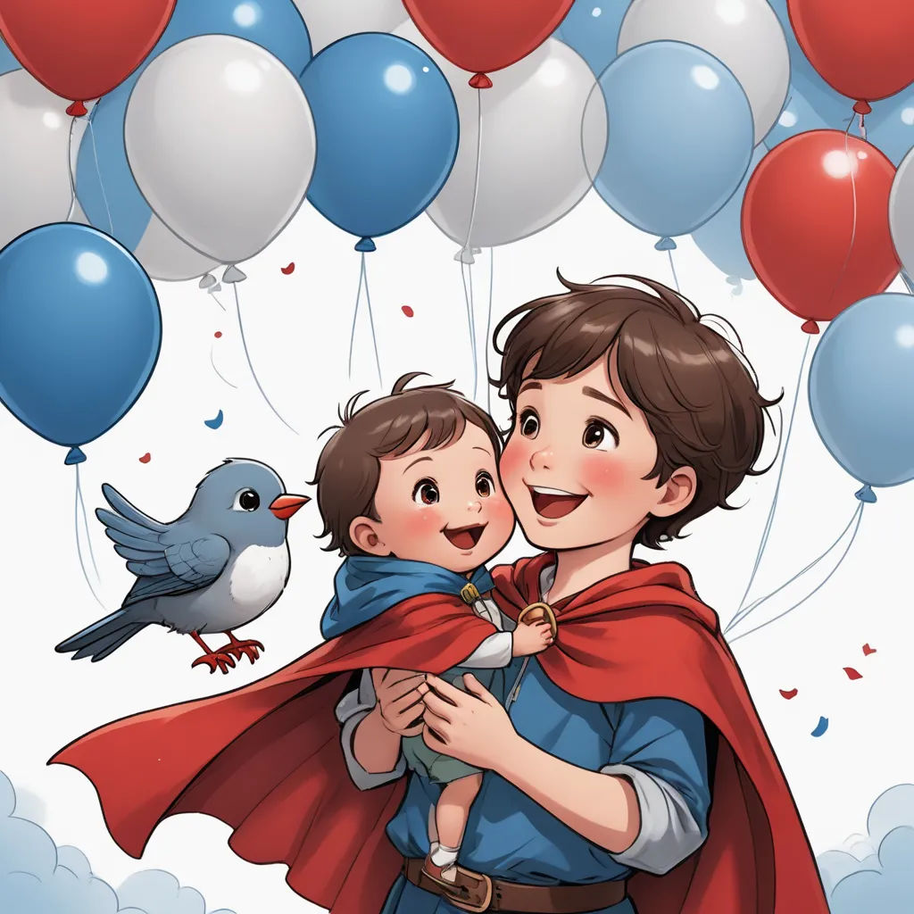 a boy and a bird are in the air with balloons and balloons behind them, and a bird is on the ground, neoism, a storybook illustration, Diego Gisbert Llorens, storybook illustration