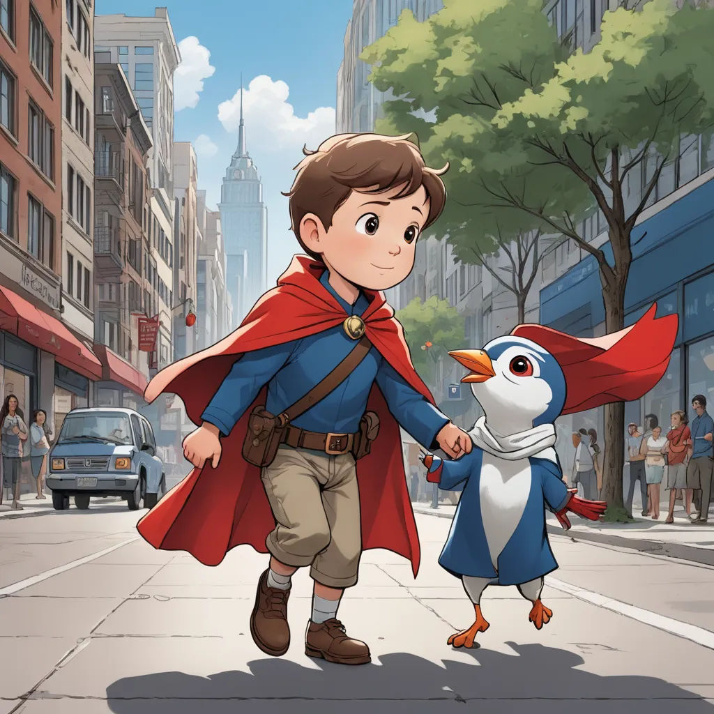 a boy in a cape is walking with a penguin on a city street with tall buildings and pedestrians in the background, lyco art, a storybook illustration, Cliff Childs, official art