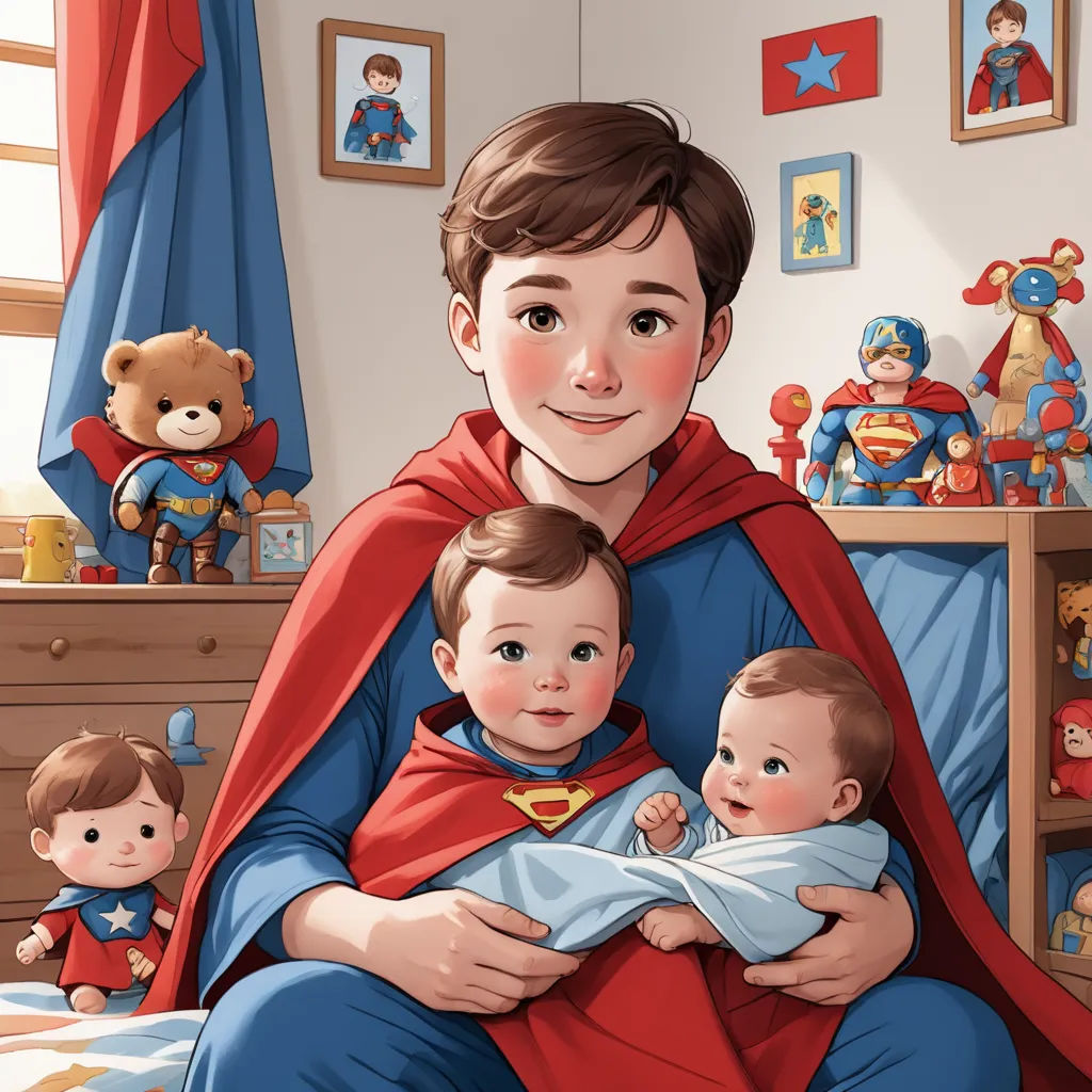 a man in a superman costume holding a baby in his arms and a teddy bear in his lap, in a bedroom with toys, superflat, a storybook illustration, Diego Gisbert Llorens, stanley artgerm lau