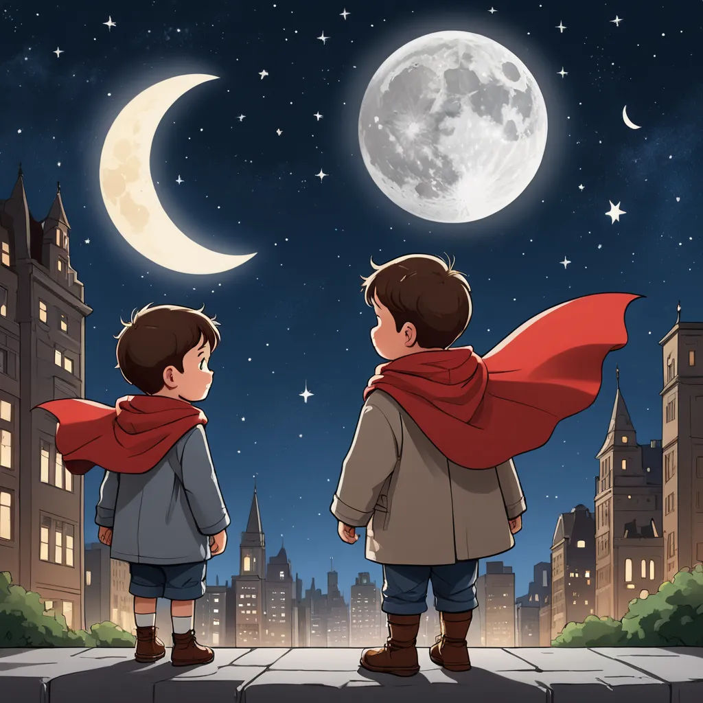 two children standing on a ledge looking at the moon and stars in the sky above them, with a cityscape in the background, space art, a storybook illustration, Arthur Pan, storybook illustration