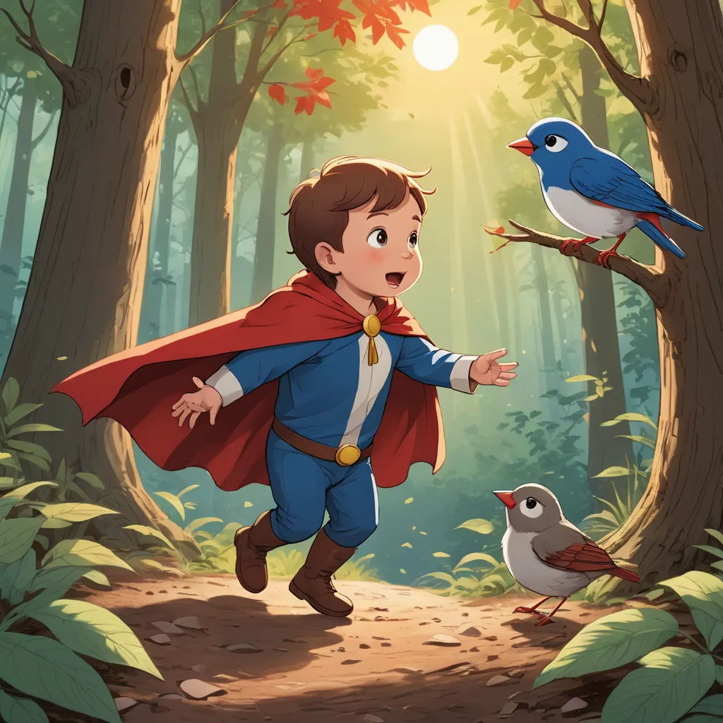 a boy in a red cape is standing in the woods with a bird on his shoulder and another bird on his shoulder, context art, a storybook illustration, Chris LaBrooy, storybook illustration