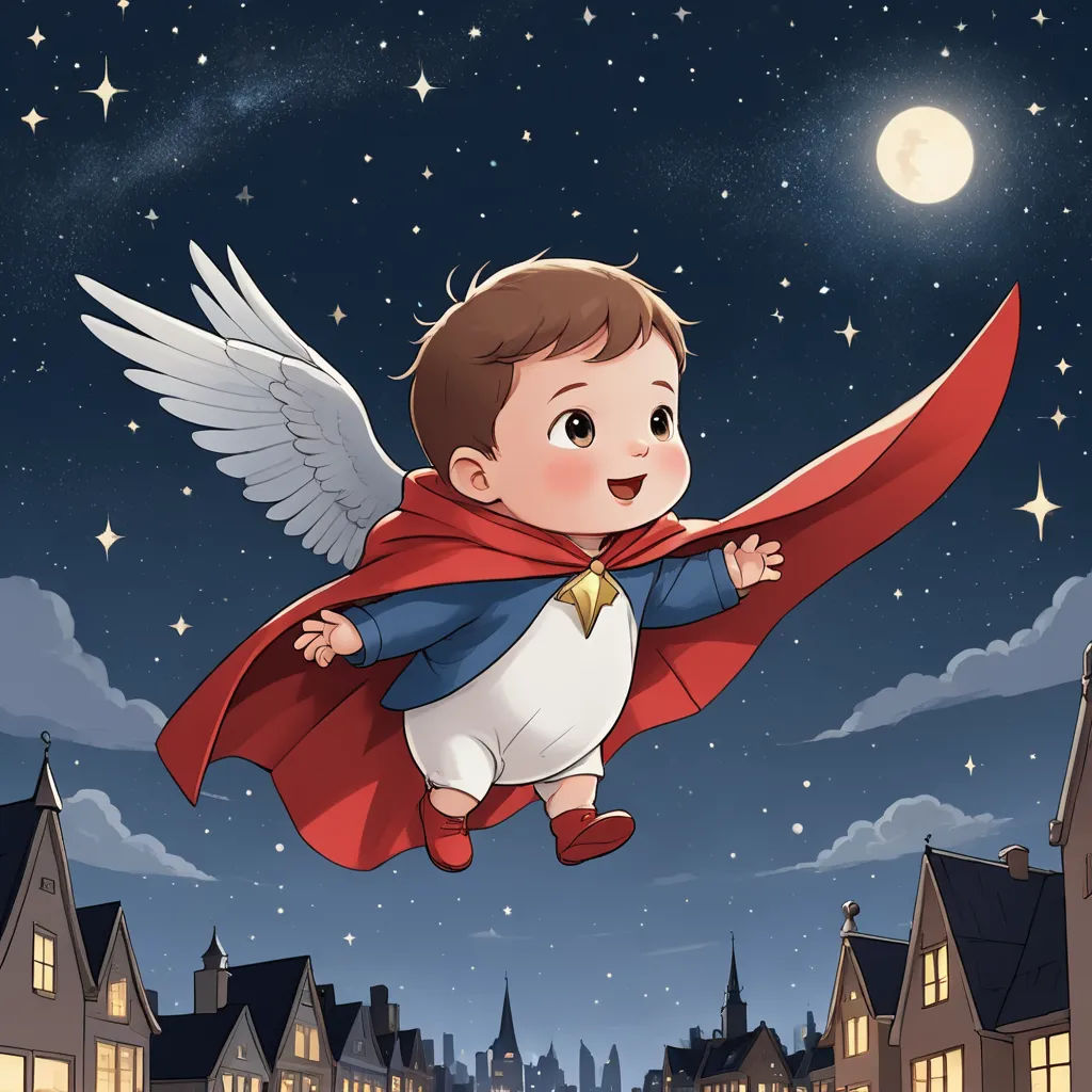 a little boy dressed as a super hero flying in the sky over a city at night with a full moon, fantasy art, a storybook illustration, Arthur Pan, comic cover art
