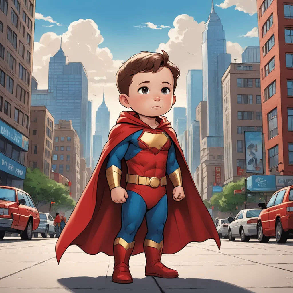 a cartoon of a boy dressed as a superman standing in the middle of a city street with a red cape, superflat, a comic book panel, Diego Gisbert Llorens, rossdraws global illumination