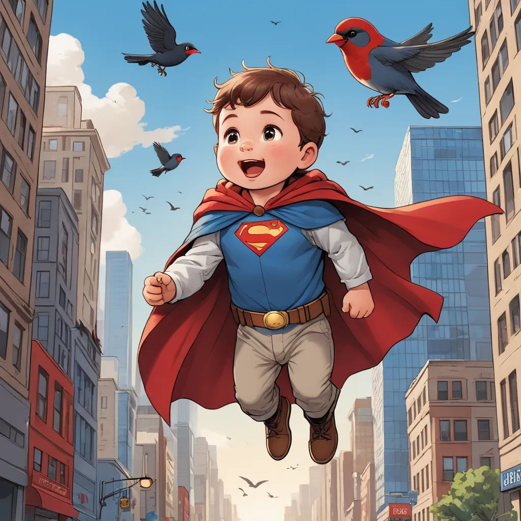 a boy in a superman costume is flying through the air with birds flying around him and buildings in the background, superflat, a comic book panel, Everett Warner, comic cover art