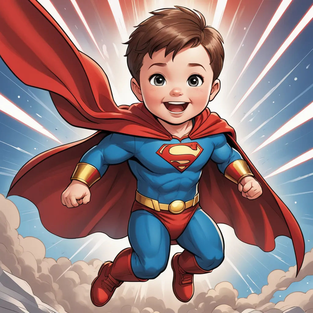 a cartoon boy dressed as superman flying through the sky with his cape open and his hands in the air, superflat, a comic book panel, Diego Gisbert Llorens, comic cover art