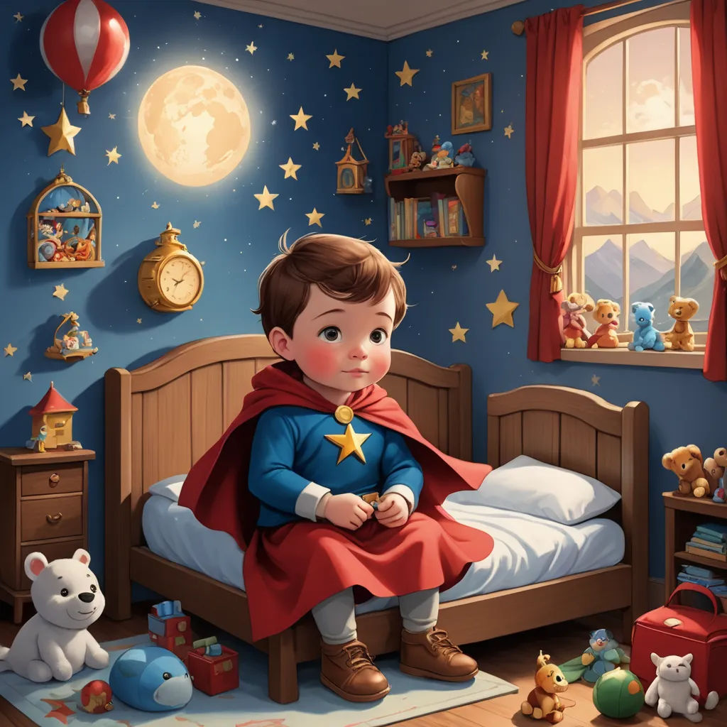 a little boy sitting on a bed in a room with toys and a teddy bear on the floor and a window, pop surrealism, a storybook illustration, Diego Gisbert Llorens, storybook illustration