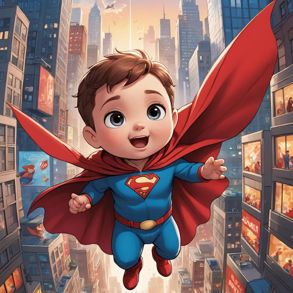 a cartoon boy flying through the air with a red cape on his head and a cityscape in the background, superflat, a comic book panel, Diego Gisbert Llorens, official art