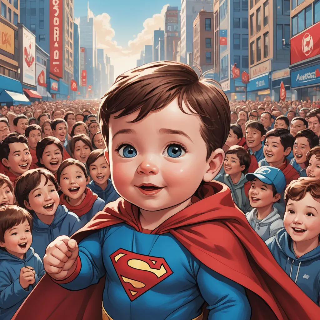 a cartoon of a boy dressed as superman in a crowd of people in a city street with buildings and signs, superflat, a comic book panel, Altichiero, stanley artgerm lau