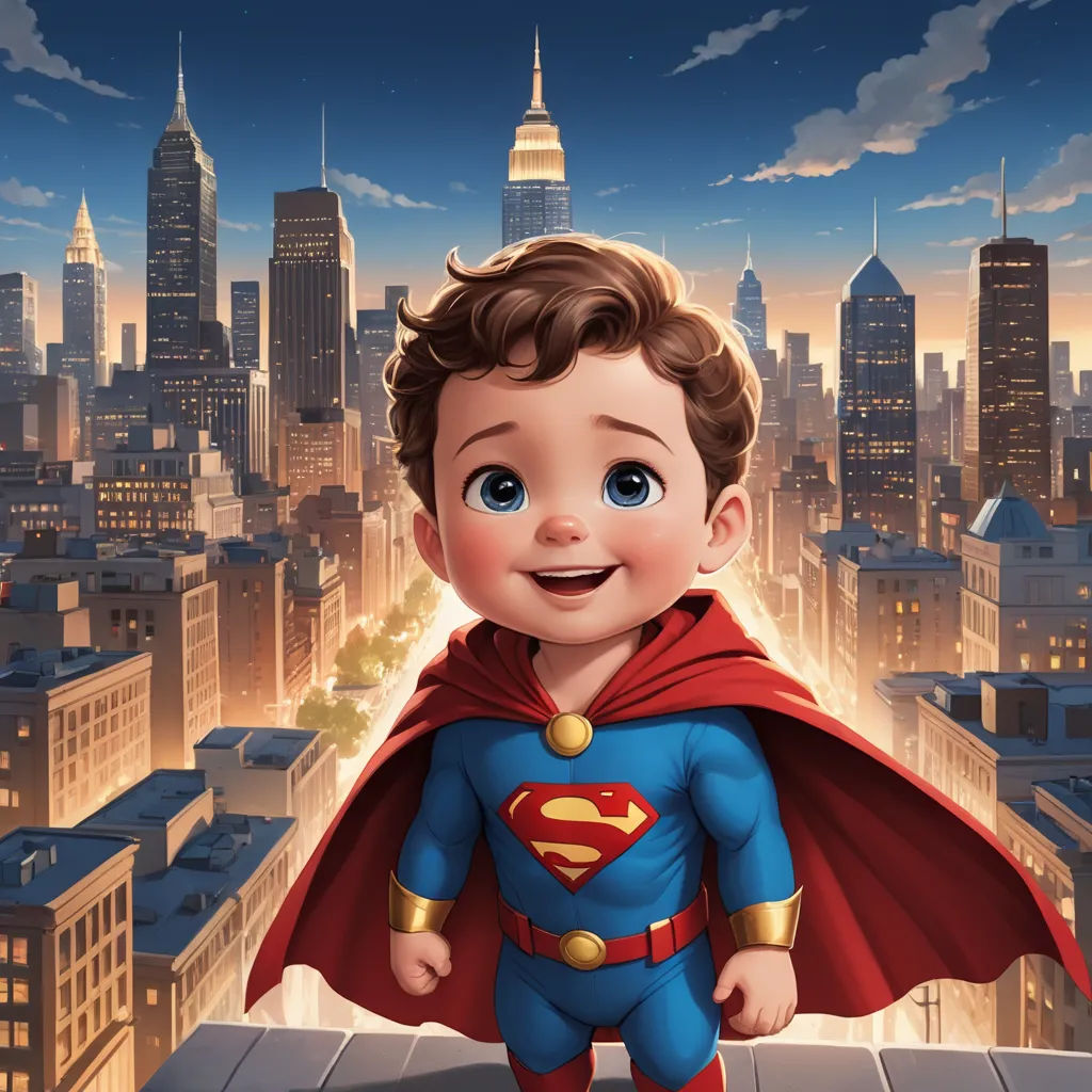 a cartoon of a boy dressed as a superman standing on a ledge in front of a cityscape, sots art, a comic book panel, Americo Makk, official art