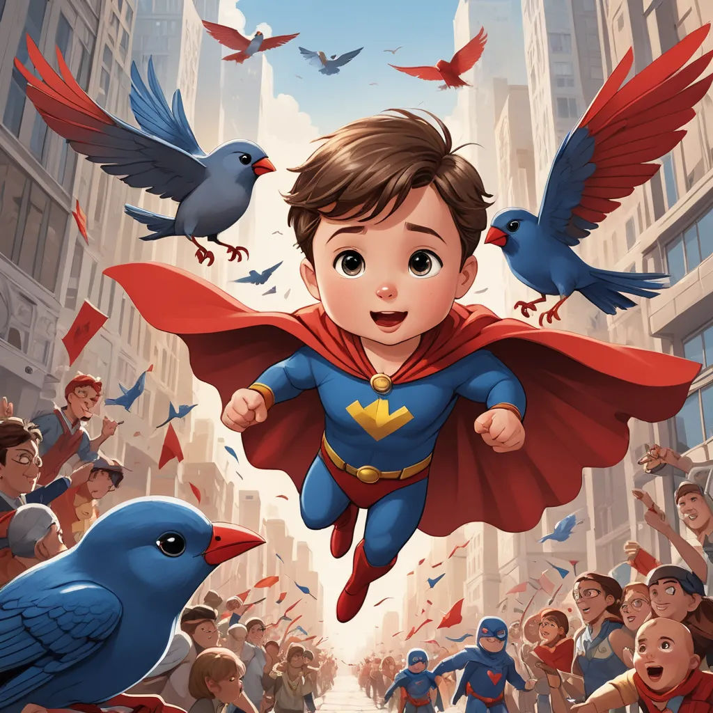 a boy flying through the air with a bunch of birds around him and a bird flying over him and a bird flying over him, superflat, a comic book panel, Chris LaBrooy, comic cover art