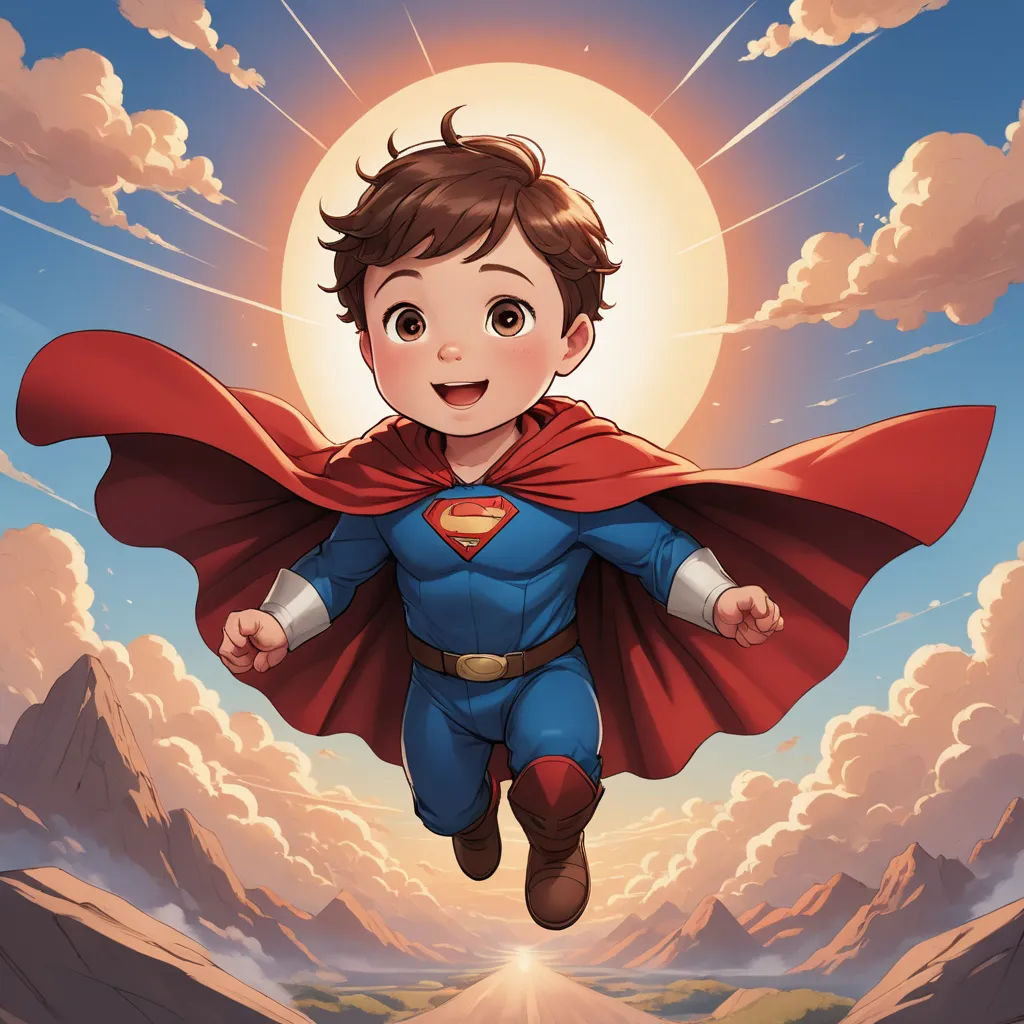 a young boy dressed as a superman flying through the air with a red cape on his head and a mountain in the background, superflat, a comic book panel, Everett Warner, rossdraws global illumination