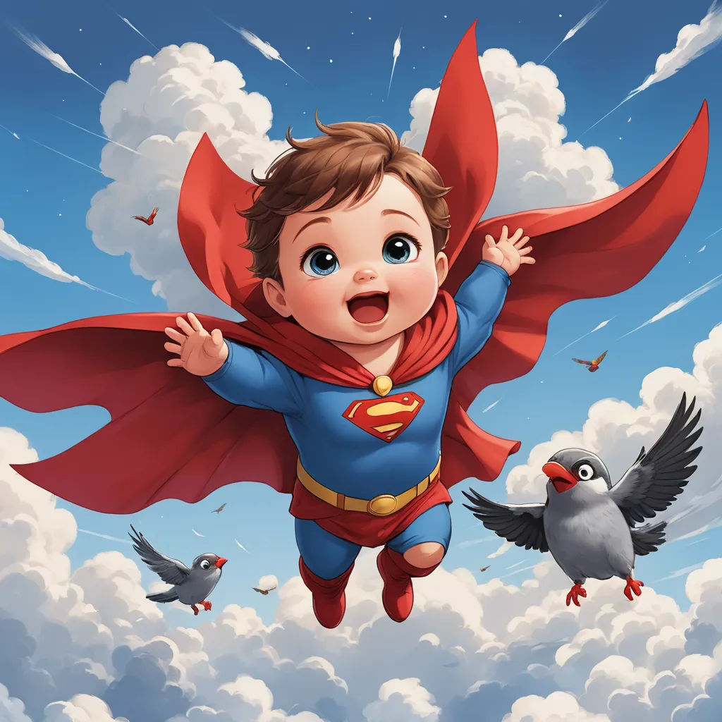 a cartoon of a baby in a superman costume flying through the air with birds around him and a bird flying nearby, superflat, a comic book panel, Diego Gisbert Llorens, stanley artgerm lau