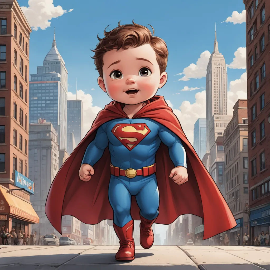 a cartoon of a little boy dressed as superman running down a street in a city with tall buildings in the background, superflat, a comic book panel, Diego Gisbert Llorens, stanley artgerm lau