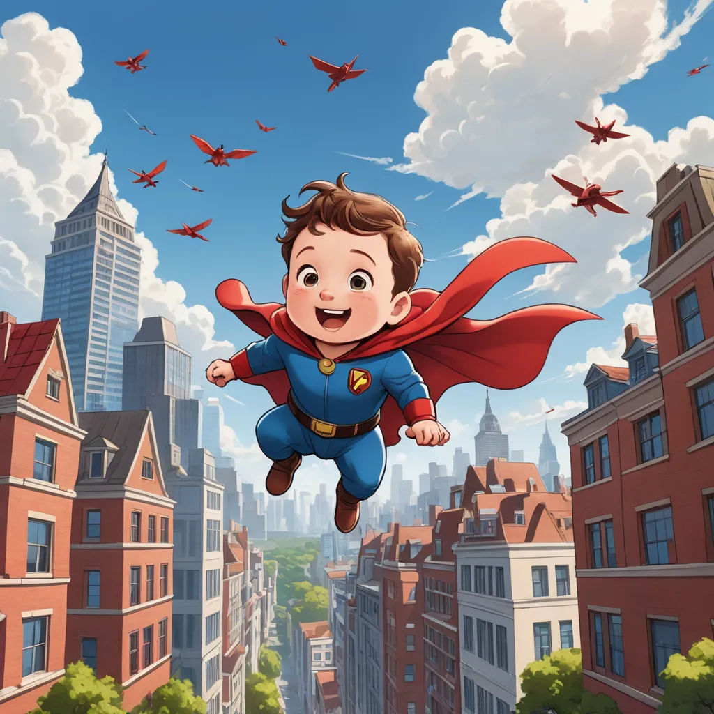 a cartoon boy flying through the air with a red cape on his head and a city in the background, superflat, a storybook illustration, Chris LaBrooy, stanley artgerm lau