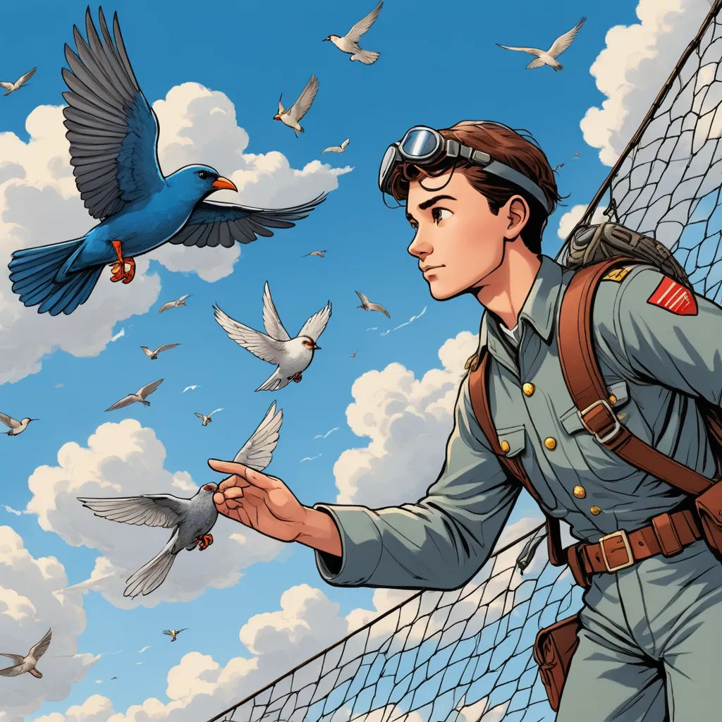 a man in uniform feeding a bird with a net on the ground and birds flying around him and in the sky, fantasy art, a comic book panel, Aaron Jasinski, comic cover art