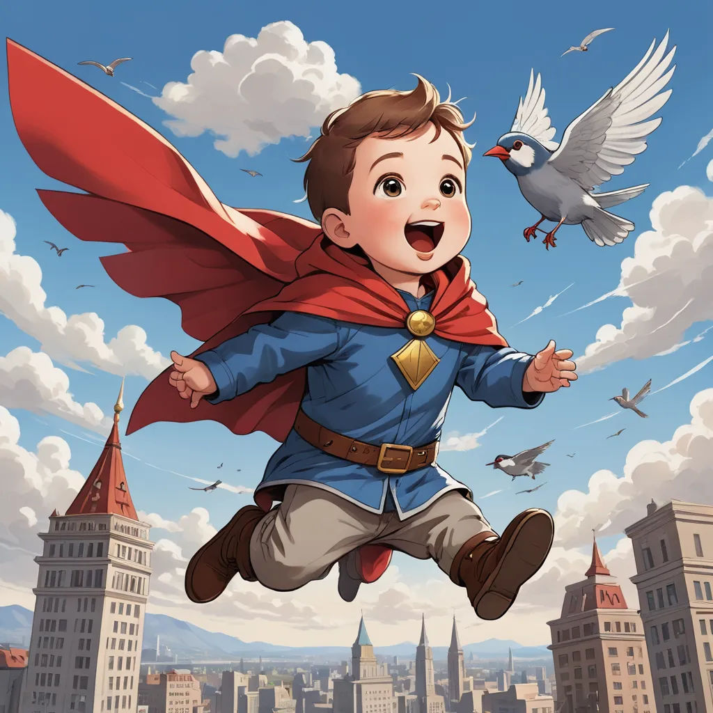 a boy in a blue shirt and red cape is flying over a city with a bird on his shoulder, fantasy art, a comic book panel, Cliff Childs, official art