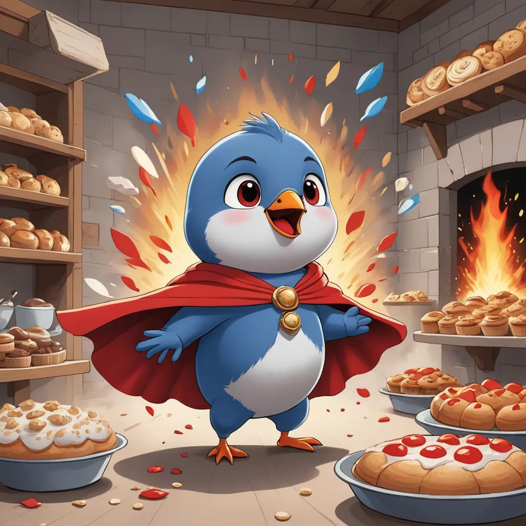 a cartoon bird with a cape standing in front of a fire oven with baked goods in it's shelves, fantasy art, a storybook illustration, Chris LaBrooy, splash art