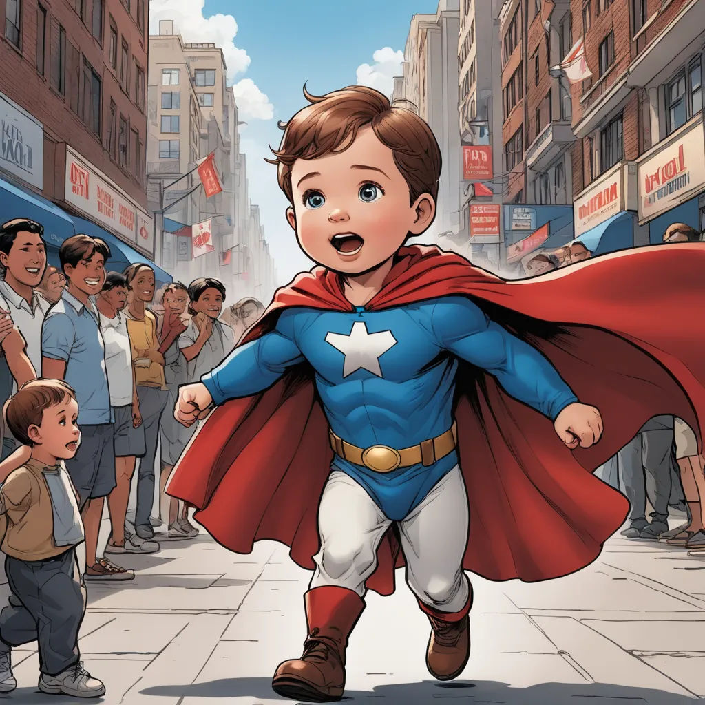a young boy dressed as a superhero is walking down the street with a crowd of people behind him and a man in a red cape, process art, a comic book panel, Americo Makk, official art