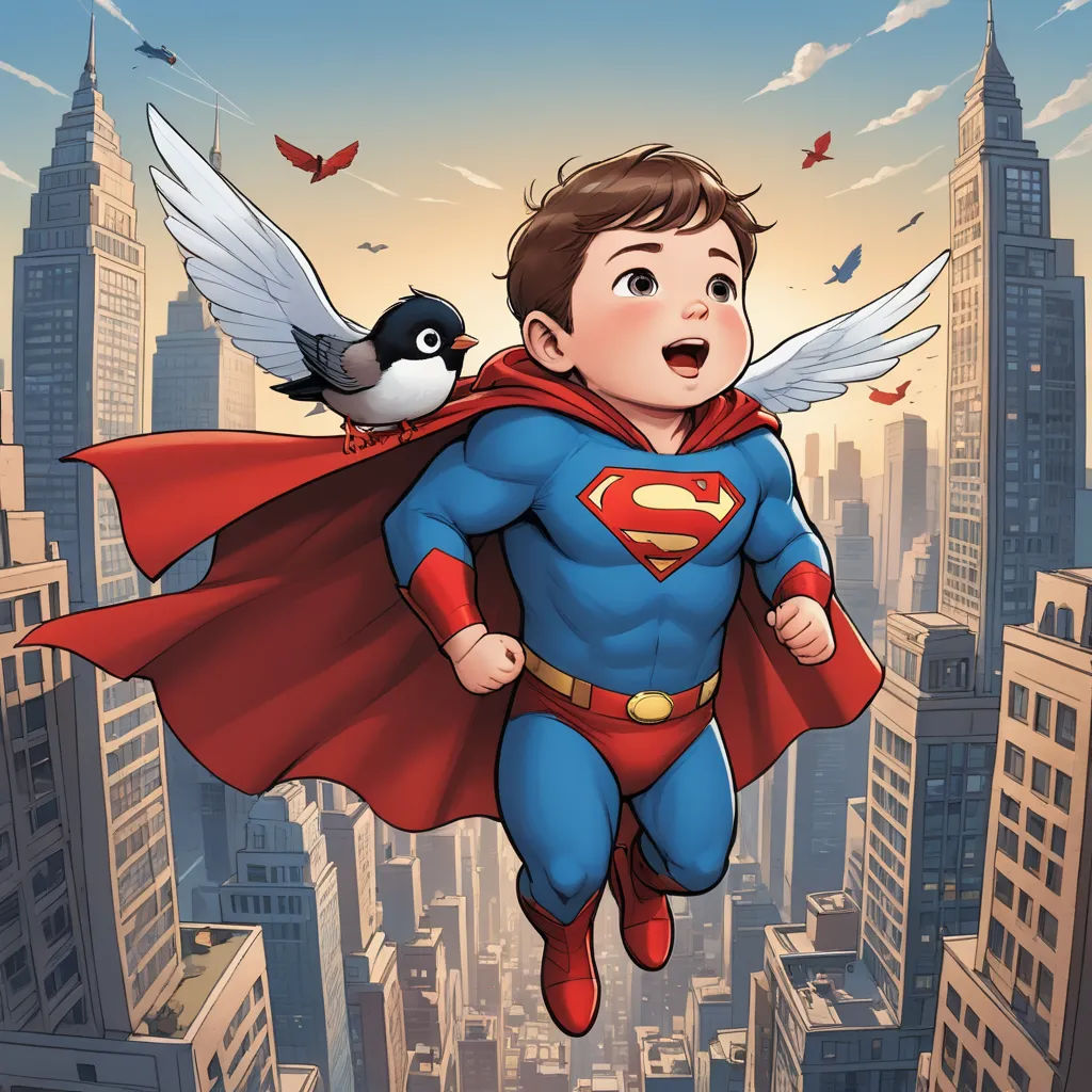 a boy flying through the air with a bird on his shoulder and a city in the background with buildings, superflat, a comic book panel, Cliff Childs, yukito kishiro