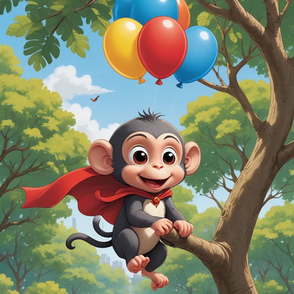 a monkey with a cape is hanging from a tree with balloons in the air above it and a red cape on its head, pop surrealism, a storybook illustration, Chris LaBrooy, behance hd