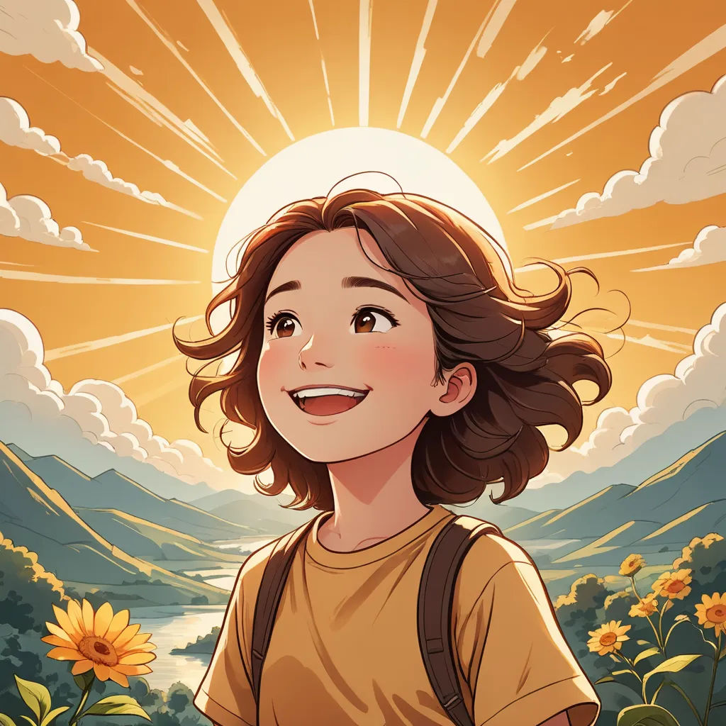a woman with a backpack standing in a field of flowers with the sun shining behind her and smiling at the camera, process art, a storybook illustration, Atey Ghailan, rossdraws global illumination