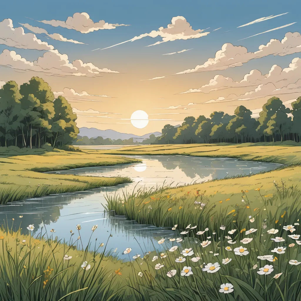 a painting of a river and a grassy field with flowers in the foreground and a sun in the background, environmental art, a detailed matte painting, Dan Mumford, beautiful landscape