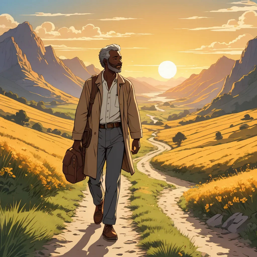a man walking down a dirt road in the mountains at sunset with a bag on his shoulder and a backpack on his shoulder, afrofuturism, a comic book panel, Charles Williams, official art