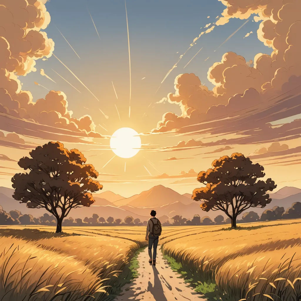 a man walking down a dirt road under a cloudy sky with trees and a sun in the background,, naturalism, a comic book panel, Dan Mumford, comic cover art
