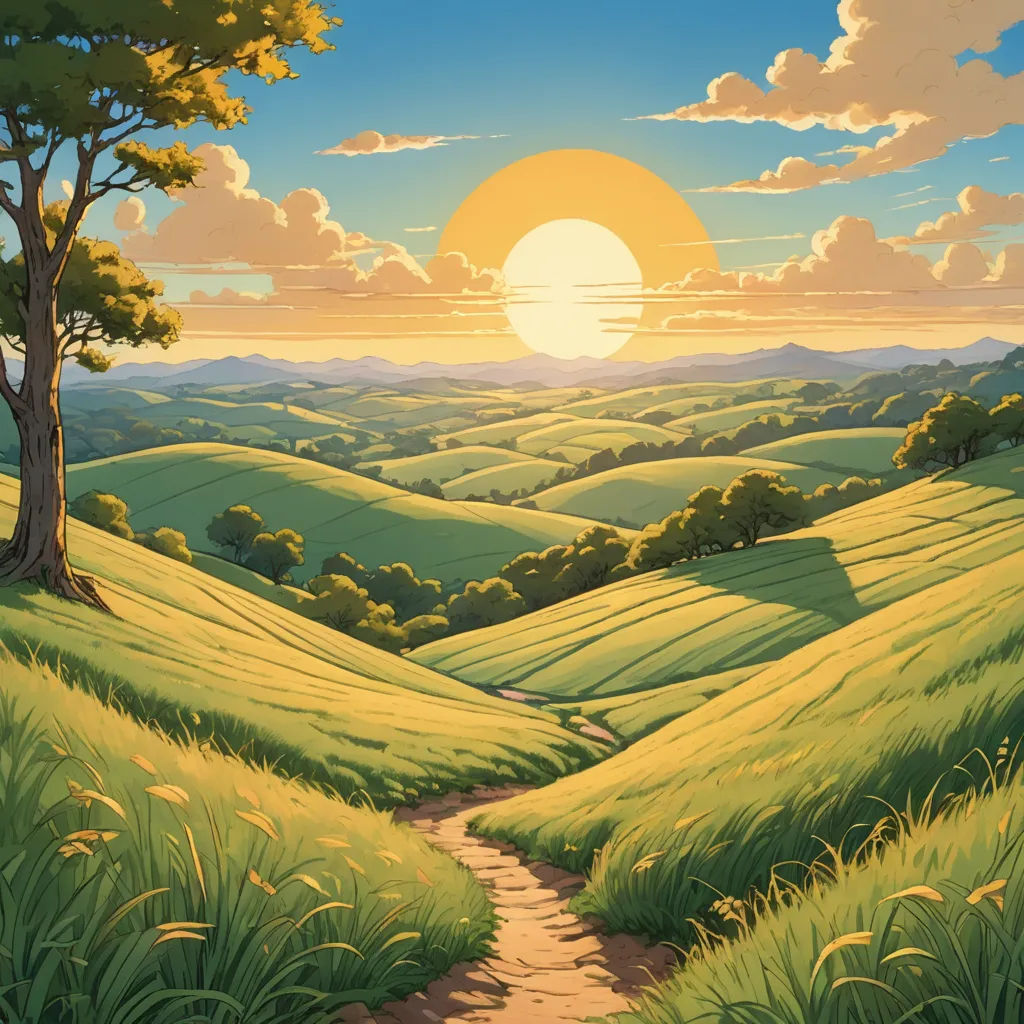 a painting of a sunset over a green field with a path leading to a tree and a hill in the distance, synthetism, a detailed matte painting, Brothers Hildebrandt, ghibli