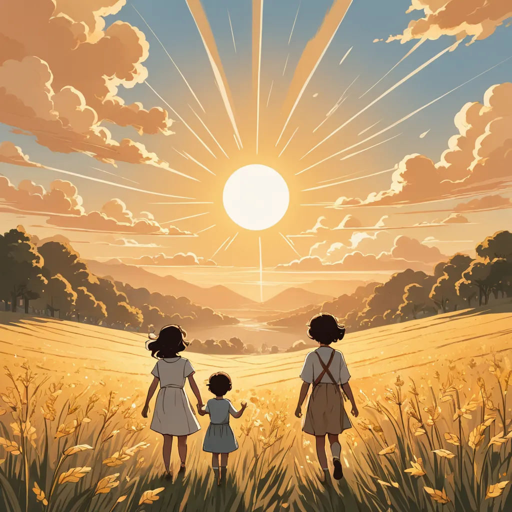 a painting of two girls walking in a field with the sun setting behind them and clouds in the sky, serial art, a storybook illustration, Atey Ghailan, sun