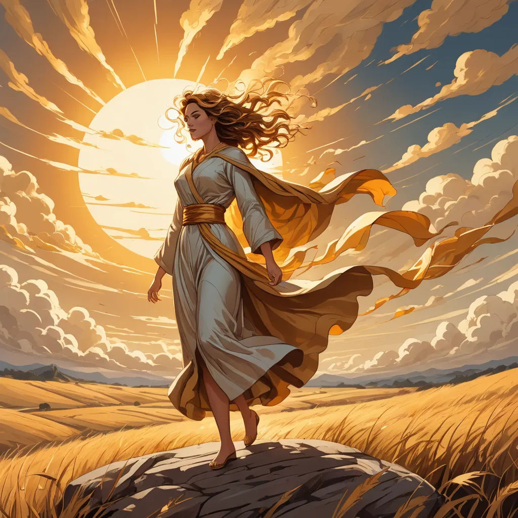 a woman in a dress is walking on a rock in a field with a sun in the background and clouds, fantasy art, a storybook illustration, Christophe Vacher, magic the gathering artwork
