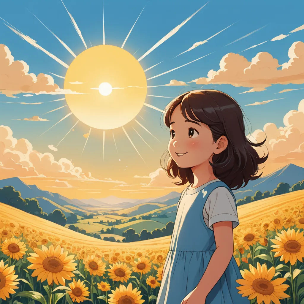 a girl standing in a field of sunflowers with the sun in the background and a sky with clouds, rayonism, a storybook illustration, Chizuko Yoshida, rossdraws global illumination