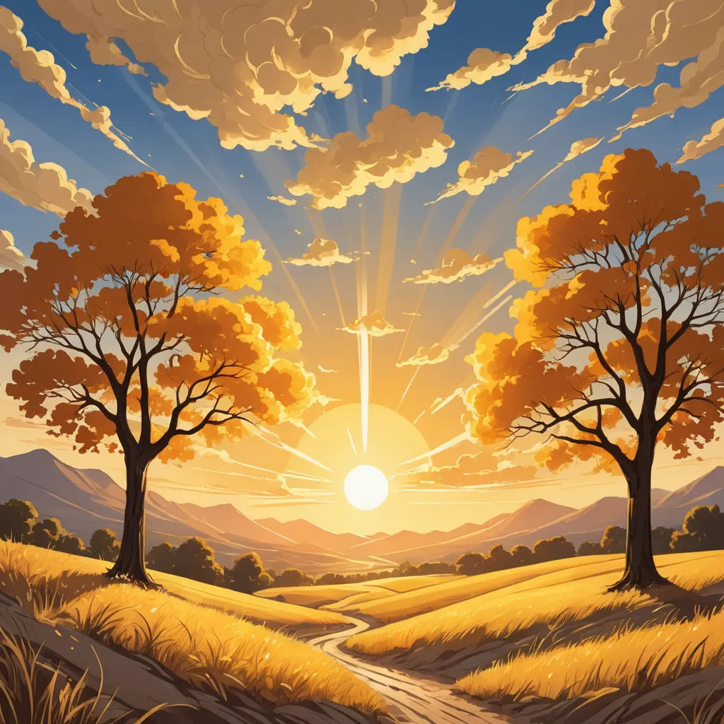 a painting of a sunset with trees and a path leading to the sun in the distance with a blue sky, fantasy art, an airbrush painting, Dan Mumford, sun