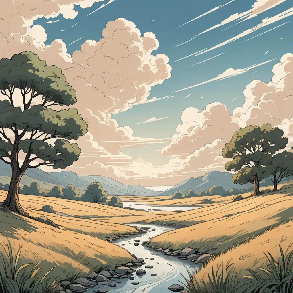 a painting of a stream running through a field with trees and clouds in the background, with a stream running through the grass, environmental art, a storybook illustration, Dan Mumford, josan gonzales and dan mumford