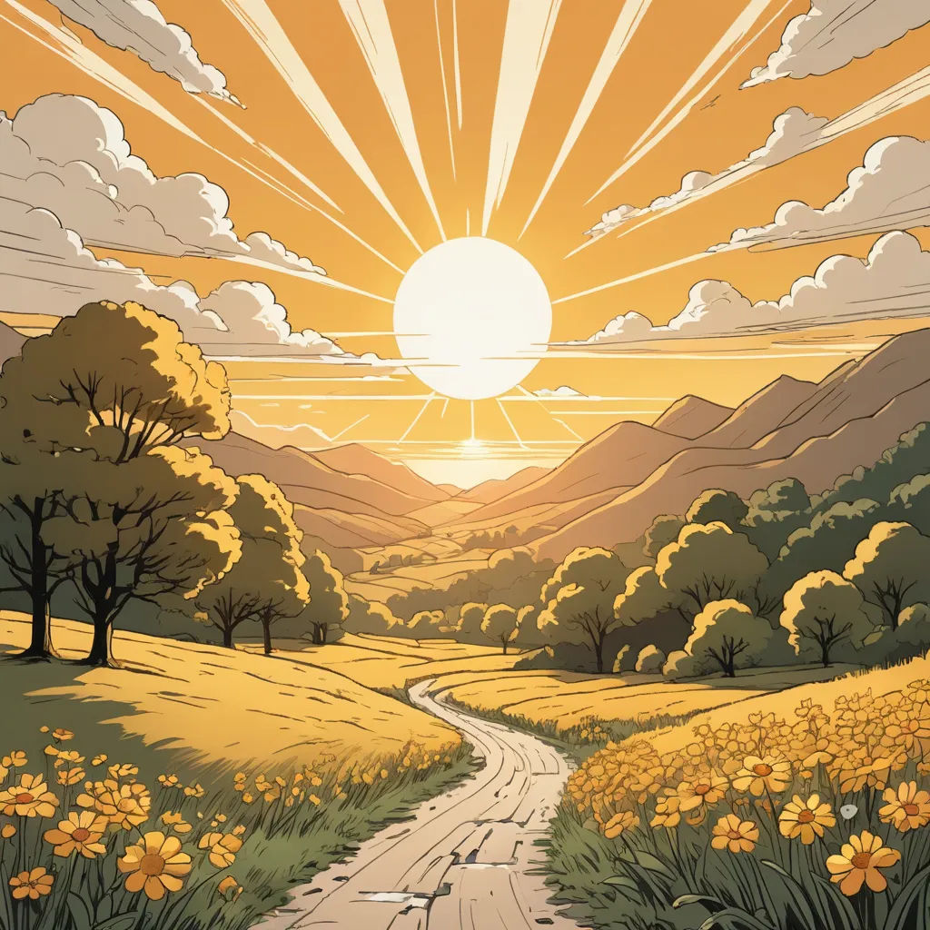 a painting of a road going through a field with flowers and trees in the background with the sun setting, fantasy art, a comic book panel, Dan Mumford, sun