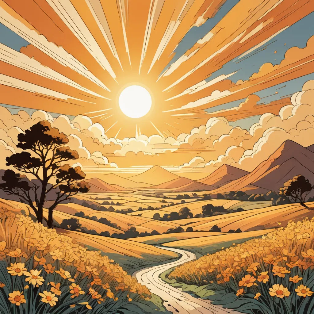 a painting of a sunset over a rural road with flowers and trees on either side of the road is a winding road, psychedelic art, a comic book panel, Dan Mumford, sun