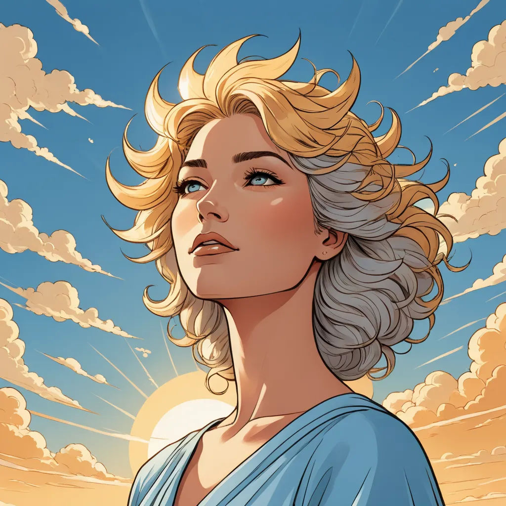 a woman with blonde hair and blue dress looking up at the sky with clouds in the background and sun shining through, fantasy art, a comic book panel, Dan Mumford, rossdraws global illumination