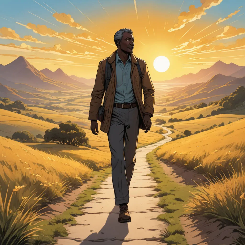 a man walking down a path towards a sunset with mountains in the background and a sun setting behind him, afrofuturism, a comic book panel, Allan Brooks, comic cover art