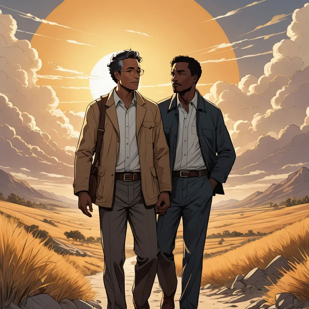two men walking in a desert with the sun in the background and clouds in the sky above them,, serial art, a poster, Asaf Hanuka, comic cover art