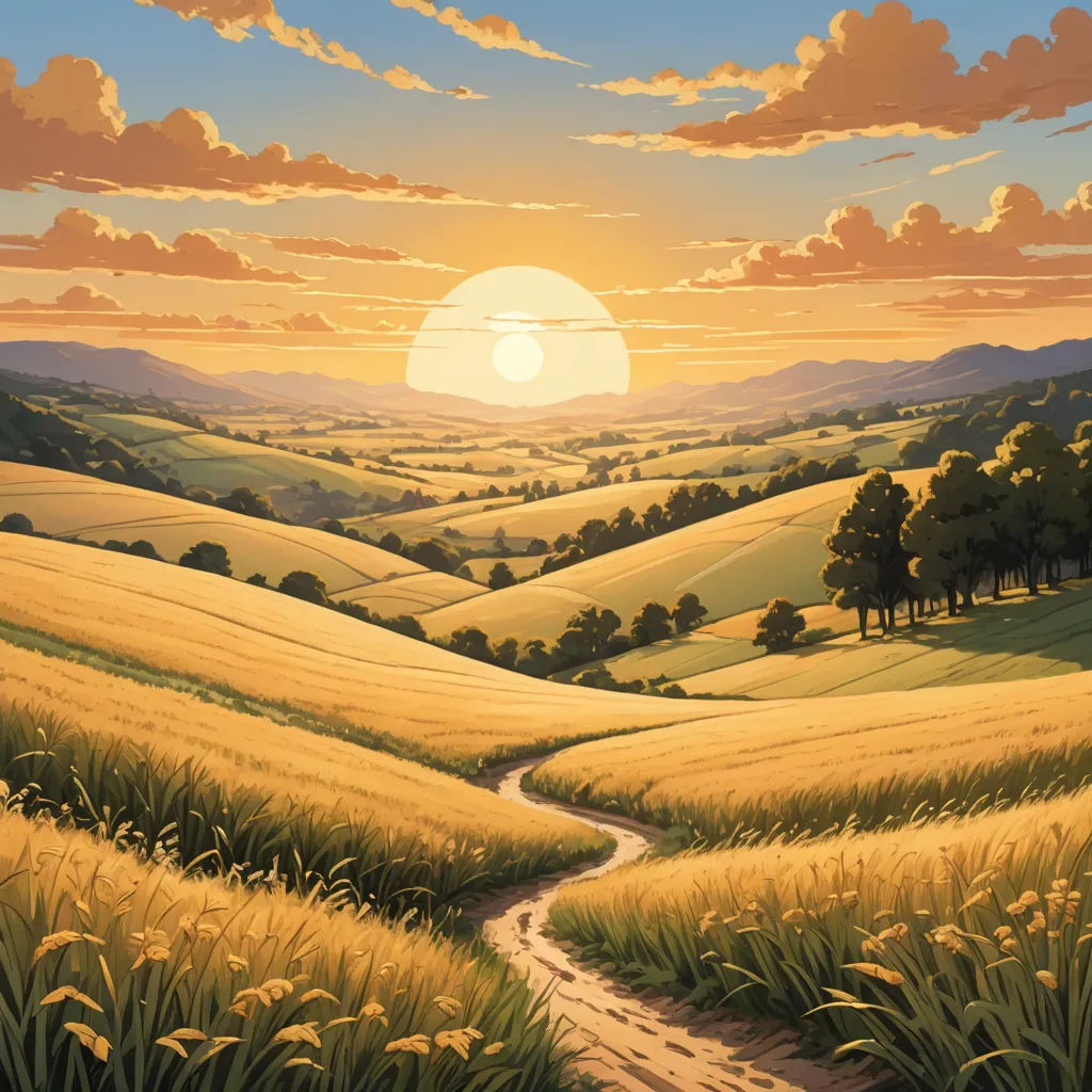 a painting of a sunset over a rural landscape with a dirt road leading to a field of wheat and trees, american scene painting, a matte painting, Brothers Hildebrandt, kinkade