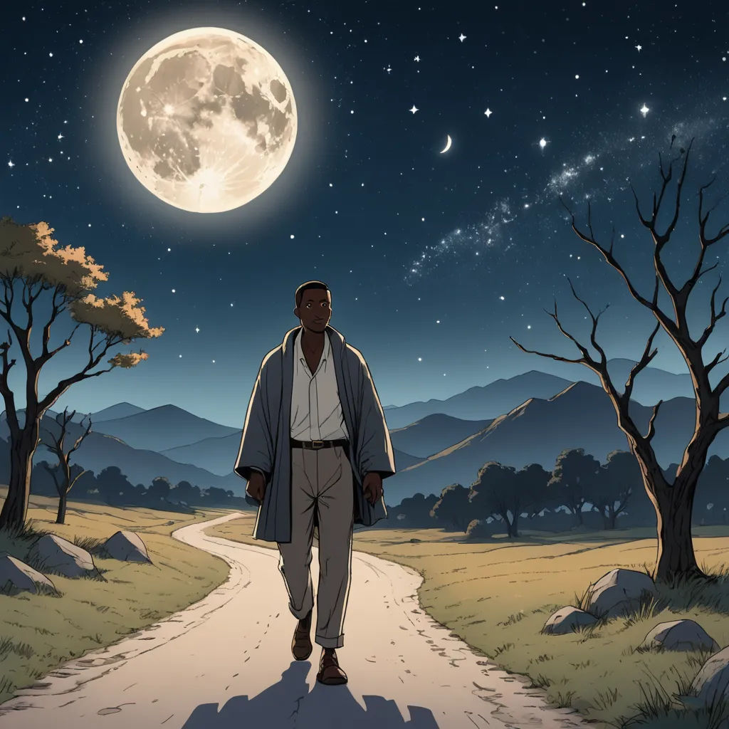 a man walking down a road under a full moon with trees and mountains in the background and a sky full of stars, harlem renaissance, a storybook illustration, Allan Brooks, promotional image