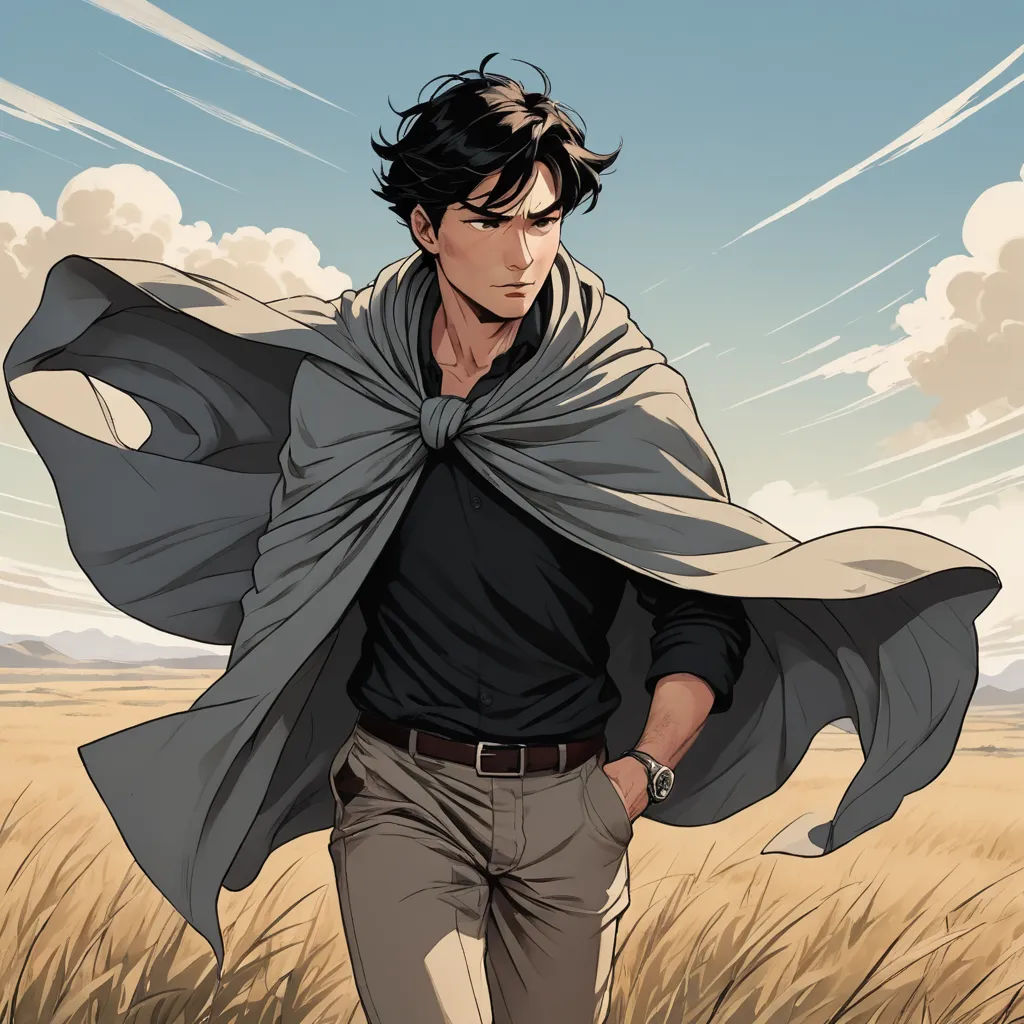 a man with a cape on his shoulders walking through a field of grass with a sky background and clouds, serial art, a comic book panel, Everett Warner, yukito kishiro